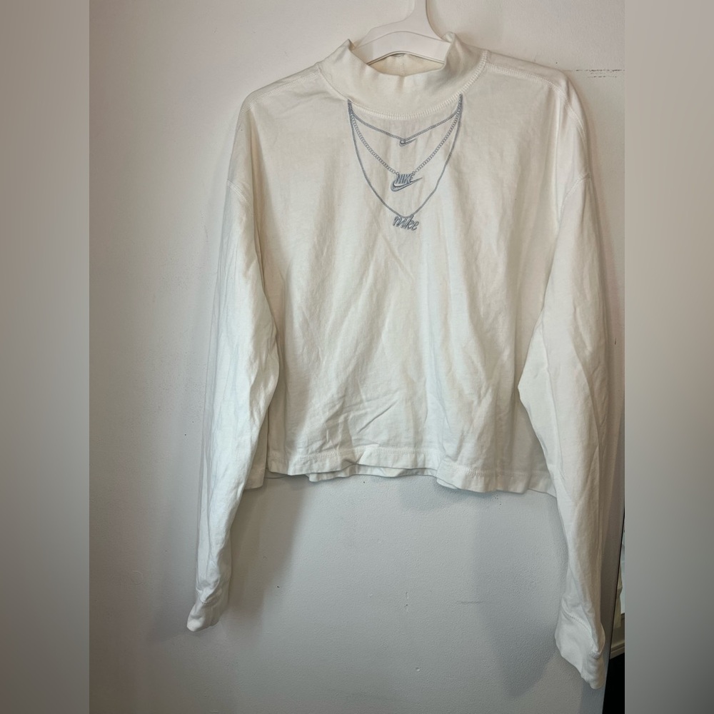 Nike Necklace Detail Mock-Neck Long Sleeve White T-shirt